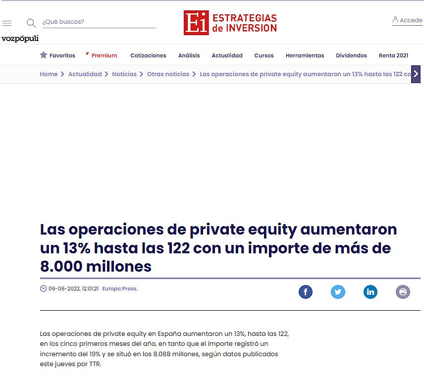 Las operaciones de private equity aumentaron un 13% hasta las 122 con un importe de ms de 8.000 millones